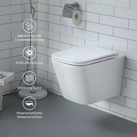 Hänge WC mit WC Sitz mit Absenkautomatik aus Keramik - Toilette mit Einloch-Superspin-Spülung - Wand WC Toiletten - Doppellöcher Kloschüssel mit Nano Beschichtung für Gäste wc
