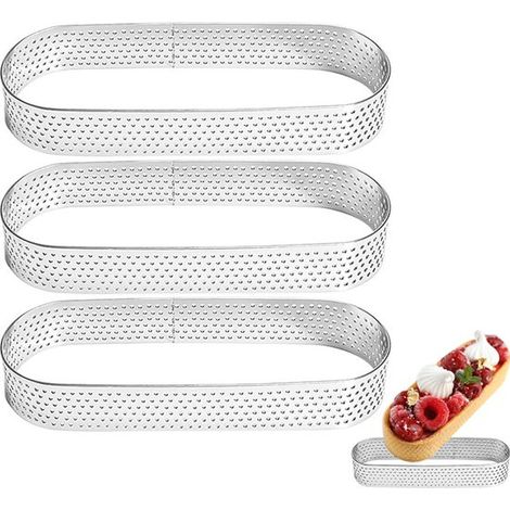 Molde para mousse de 3 piezas, Forma ovalada perforada de acero inoxidable 430, Molde para tarta de queso precocida, 18 x 9,5 cm (1/5)