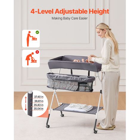 Table à langer pliable bébé, commode couches avec panier latéral, hauteur réglable, sur roulettes verrouillables, rangement multifonction nursery, gris foncé (1/5)