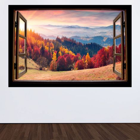 Stickers Trompe l'oeil fenêtre en bois - Forêt - 60 x 90 cm (1/3)