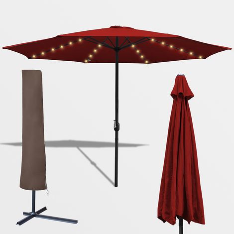 Parasol avec LED et housse de protection, 350 x 350 cm, UPF 30+, parasol circulaire, fonction d'inclinaison, hydrofuge, rouge (1/5)