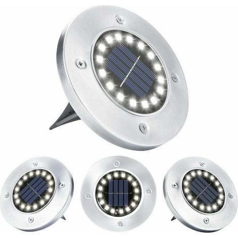Ensemble de 4 lampes solaires de jardin, 16 spots LED encastrables, étanches, en acier inoxydable, alimentées à l'énergie solaire, pour allées, patios, chemins et pelouses enterrées, blanc. (1/4)
