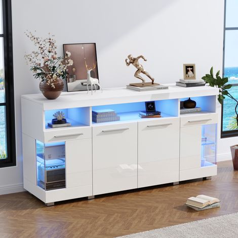 Sideboard 140 x 40 x 70 cm mit LED, Türen aus gehärtetem Glas, weiß HAVRYA (1/5)