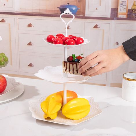 Plateau de service blanc en plastique 3 étages, présentoir à gâteaux et desserts, plateau à fruits rond 3 niveaux (1/5)