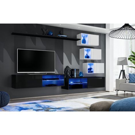 Ensemble meuble TV mural Switch XXIV - L 260 x P 40 x H 170 cm - Noir et blanc - Livraison gratuite