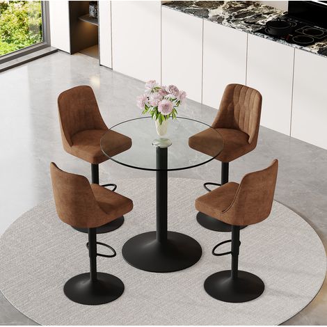 Bartisch-Set 89x89x92 cm Glas/Metall Braun/Schwarz, 4 drehbare Hocker – MEUBLIV (1/5)