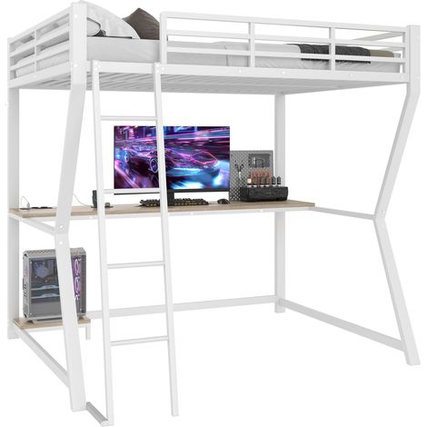 Lit mezzanine 140x200 cm avec LED, bureau intégré, étagère PC, prise USB, garde-corps et escalier, structure métal MDF, sans matelas, blanc - CHICFURN (1/5)