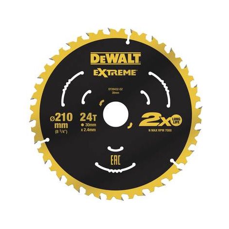 Dewalt – Lame de scie circulaire 210mm – DT20432QZ – Alésage 30mm – Épaisseur 2.4mm – 24 dents pour coupe fine – Pour bois dur et métal