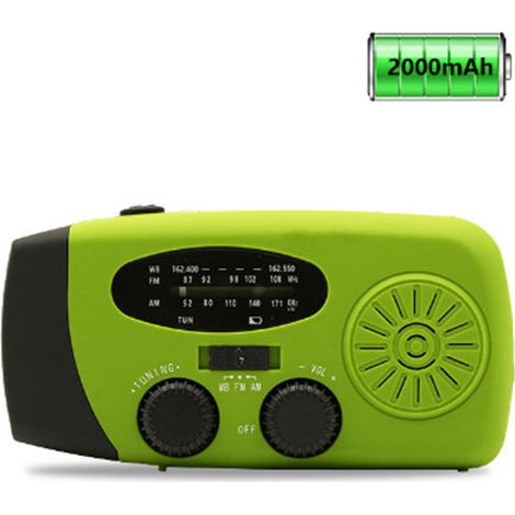 Radio météo solaire d'urgence, auto-alimentée, AM/FM/WB, radio de survie à manivelle, lampe torche LED, batterie externe 2000 mAh (vert) (1/5)