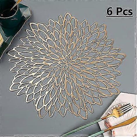 Goldene Platzsets, PVC-Platzsets im 6er-Set, waschbar, wärmeisolierend, rutschfest, runde Platzsets mit Blattmotiv