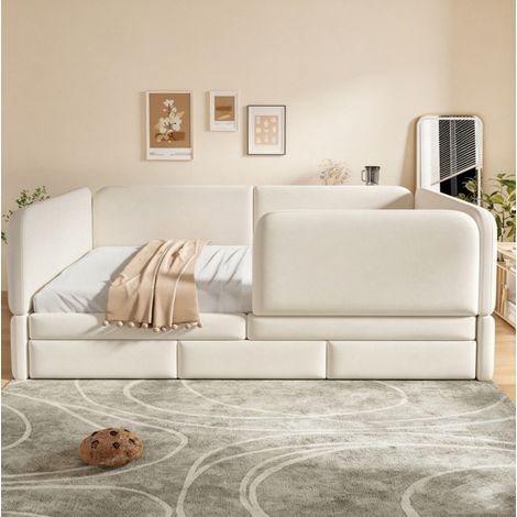 Cama infantil 140 x 200 cm de terciopelo, con cajones de almacenaje, beige OKMYHOME (1/5)
