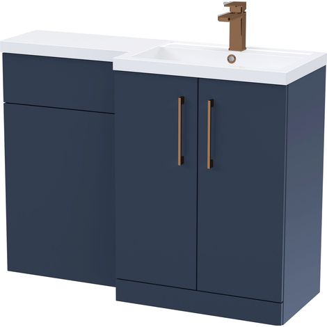 Balterley Right-Hand Bathroom Vanity and WC Unit Combination with Basin - 1100mm - Satin Dark Blue with Brushed Bronze Handles (1/5)