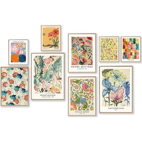 Impressions murales éclectiques colorées, 9 pièces vintage éclectique décoration murale Matisse William Morris Flower Market Maximaliste Eclectic Home Decor Trendy Maximalism Famous Artist (1/5)