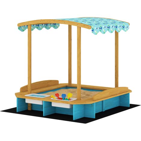 Arenero enfants Madera avec bancs PP 128x118x121 cm Bleu (1/5)
