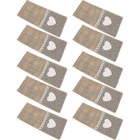 Lot de 10 porte-couverts en dentelle de jute, pochettes en toile de jute pour couteaux et fourchettes, idéales pour la décoration de mariages, Noël et autres fêtes. Porte-couverts de couleur originale (1/4)