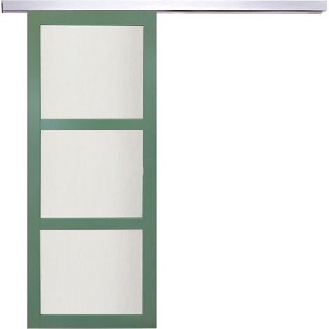 Puerta corredera de color verde claro con vidrio H204 x L83 cm, riel de aluminio, carpintería