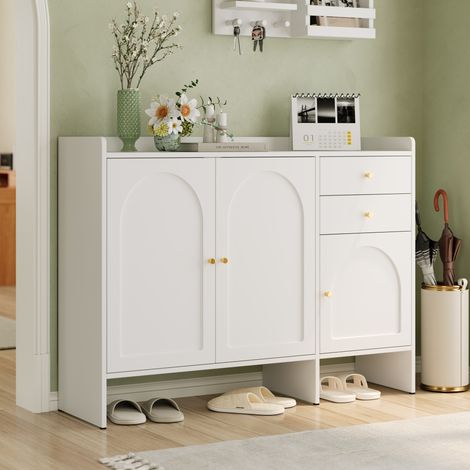 Schuhschrank 120x35x90 cm Weiß aus MDF und Spanplatte mit 3 Türen, 2 Schubladen, verstellbaren Einlegeböden und Kippsicherung (1/5)