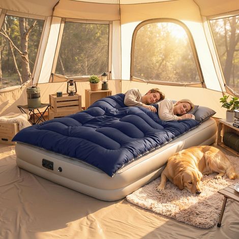 Saco de Dormir Doble para Adultos Tamaño Queen para 2 Personas con 2 Almohadas y Bolsa Transporte Azul Oscuro (1/5)