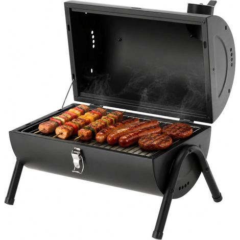 Tragbarer Holzkohlegrill mit Deckel, 2 Grillroste, Kompakter Kohlegrill aus Stahl, Mobiler Campinggrill, BBQ für Garten, Balkon, Terrasse & Outdoor
