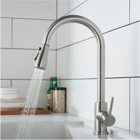 Kitchen Faucet with Pull-Out Sprayer Brushed Stainless Steel Kitchen Mixer Tap 360° Rotatable Kitchen Sink Faucet