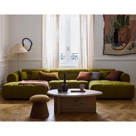 Lisa Design – Canapé panoramique en U 7 places – Tissu texturé vert – Assise bombée pour confort optimal – Dossier incurvé pour soutien parfait