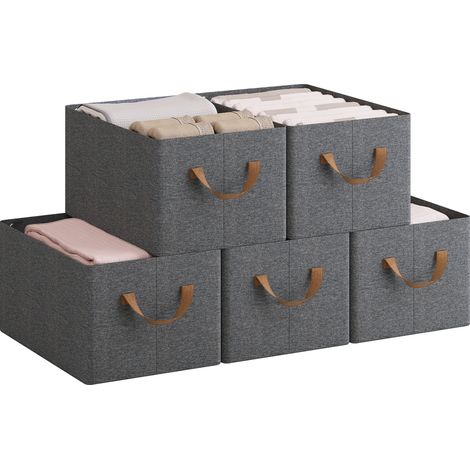 WOLTU Set of 5 Foldable Storage Boxes, Fabric Containers with Handles, 37.5x26x20 cm, Grey+Brown