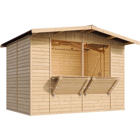 Capanno in Legno, Capanno Espositore in Legno, Chiosco in legno da giardino per bar, 336x263 cm/6 m2 Stand di vendita con bancone, Multifunzione cabina da giardino, Capanno giardino TIMBELA M150 (1/7)