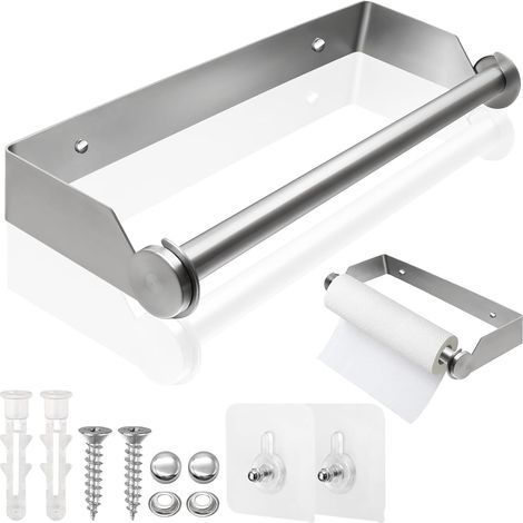 Porte Mural 28cm en Acier Inoxydable, Dérouleur Essuie-Tout Auto-Adhésif ou à Percer, Support Rouleau pour Placards, Cuisine Salle de Bain (1/5)
