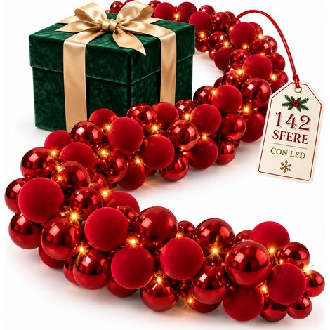 Ghirlanda Natalizia Festone 180cm 142 Sfere e Led Addobbo Lucido e Velluto Rosso (1/5)