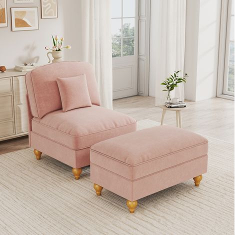 Poltrona relax 78x83,5x93 cm rosa con poggiapiedi mobile, tessuto chenille, gambe in legno MEUBLIV (1/5)