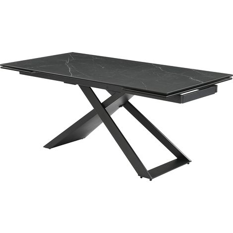 Vente-Unique – Table extensible 6 à 10 personnes – Céramique et verre trempé – Effet marbre noir – Piètement métal – Longueur 260 cm