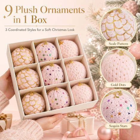 Boules à suspendre sapin Noël rose peluche, 8 cm, coffret de 9, décoration intérieure (1/5)
