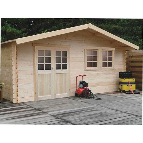 Solid – Abri de jardin bois Vernier 34.84 m² – Dimensions 6.05 x 5.75 x 2.53 m – Épaisseur 28 mm – Toit double pente – Double porte low entry avec serrure (1/4)