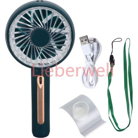Ventilateur portatif, mini ventilateur USB à quatre vitesses avec support pour téléphone portable, vert, pour le bureau (1/5)