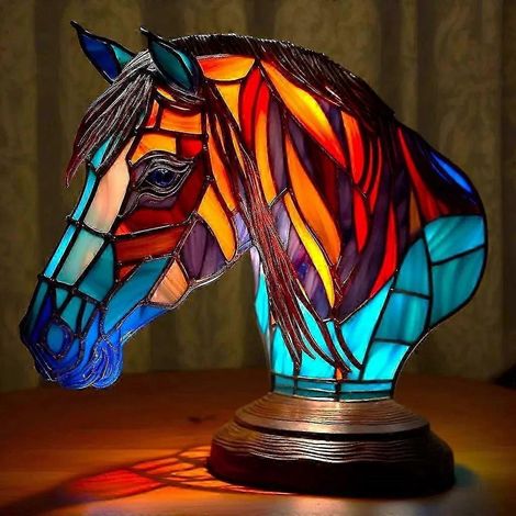 Nouvelle série Chien - Ornements en résine - Veilleuse LED - Statuette animale artistique - Lampe de table créative pour la maison ou le bureau - Taille : Tête de cheval