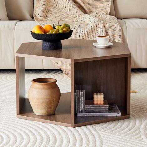 Table basse multifonctionnelle hexagonale (79 x 69,4 x 40 cm) - Design moderne facile à assembler, couleur marron (1/5)