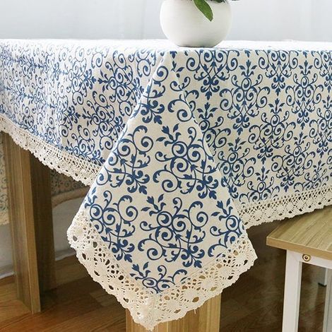 Nappe rectangulaire bohème en coton et lin de 55 pouces x79 pouces, pour salle à manger, cuisine, pique-nique, intérieur et extérieur, motif Baroque bleu marine et fleurs, décoration intérieure. (1/4)