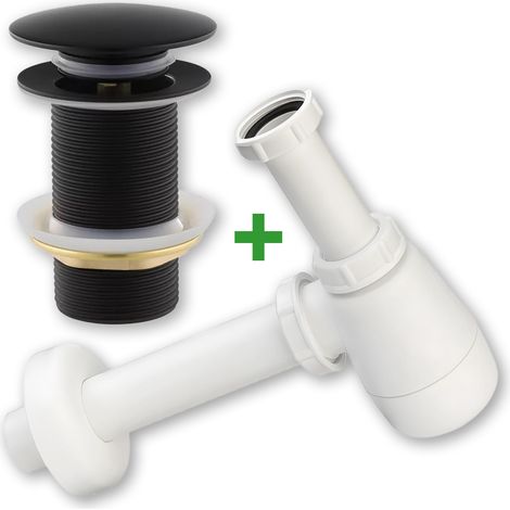 Set: Klick-Klack-Ablaufstopfen ohne Überlauf + Waschbeckensiphon, schwarz (1/5)
