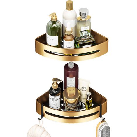 Etagère de Douche 2 Pièces Support Antirouille AutoCollant Doré avec 2 Crochets sans Perçage - Kit de Fixation et Argile Inclus