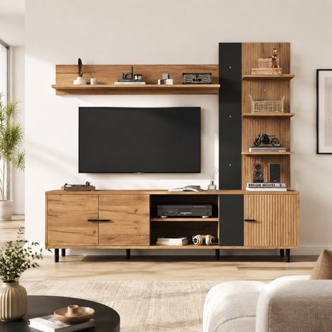 TV-Wandmöbel 187,5 x 40 x 167 cm mit 3 Schränken und Regalen, Holz/Schwarz (1/5)