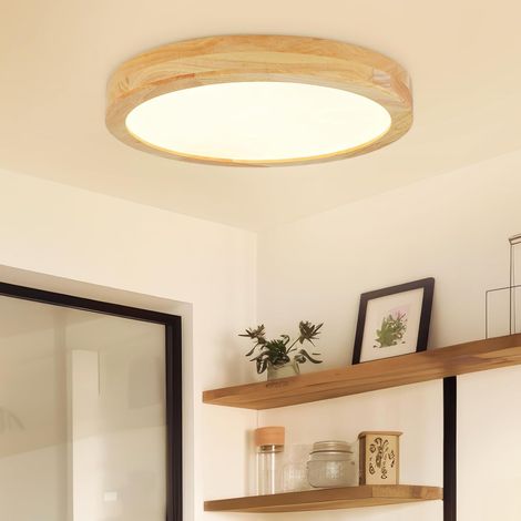 1 Plafonnier LED Bois 30cm, Luminaire Rond 24W 3100Lm, Éclairage Chaud 3000K Pour Salon Chambre Cuisine