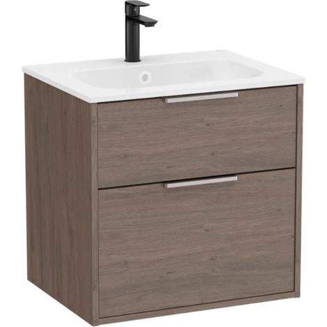 Pack meuble unik "OPTICA" 600 - 2 tiroirs + lavabo plan en Stonex - Chêne Foncé - Roca (1/2)