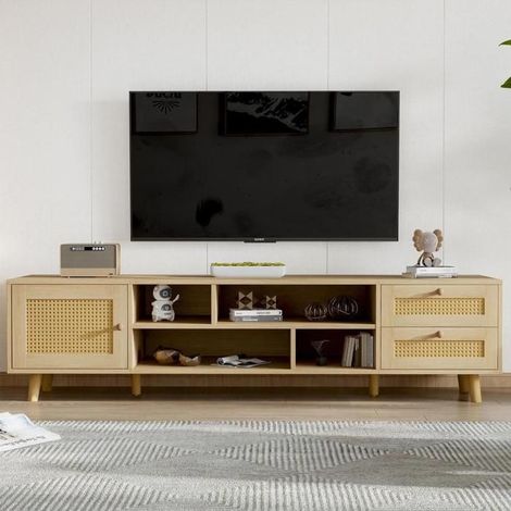 Meuble TV - KOMHTOM - 160x39x40.5 cm - Rotin aspect chêne - Pour TV 70 pouces - 2 tiroirs et 1 porte (1/5)