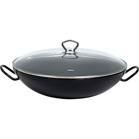 Riess Wok avec couvercle en verre Ø36cm poêle à servir avec deux poignées émail noir
