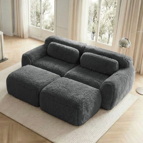 Divano modulare cloud in tessuto plush grigio, 2 posti, con 2 pouf, senza montaggio (1/5)