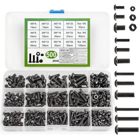 500 Pièces Vis Boulons et écrous, M3/M4/M5 Vis à Six Pans Creux, Vis Bouton avec écrou à Tête Hexagonale Assortiment Kit - Noir (1/5)