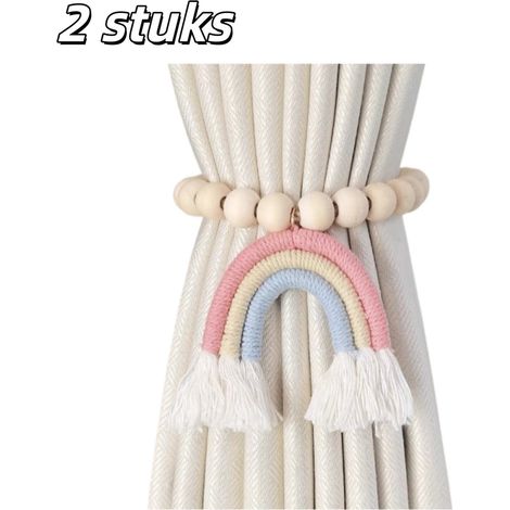 Lot de 2 attaches magnétiques pour rideaux avec perles en bois motif arc-en-ciel tressées à la main sans perçage pour rideaux à plis rose (1/5)