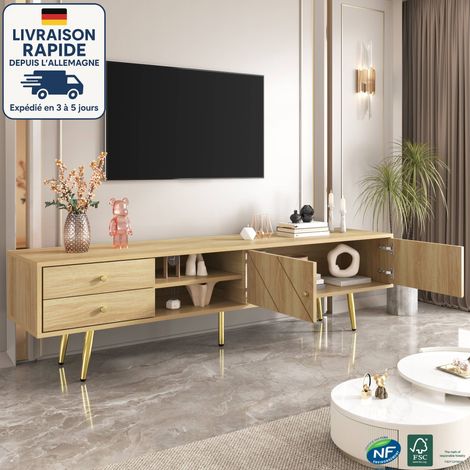 Meuble TV 160x36x42cm avec 2 tiroirs, avec étagères ouvertes, pieds dorés, aggloméré et MDF, couleur bois naturel (1/5)