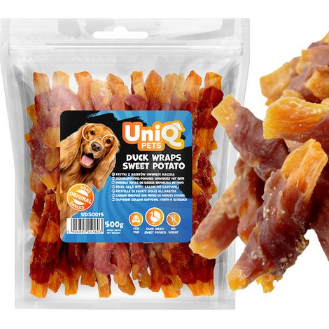 Snack per cani Uniq Pets a base di carne, 500 g di patatine dolci avvolte in anatra (1/5)