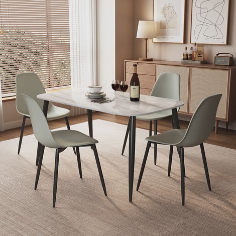Aspen Gloss White Sintered Stone Rectangular Table & 4 Grey Cruve Chair Set - Metal/Plastic - L52 x W46 x H84 cm